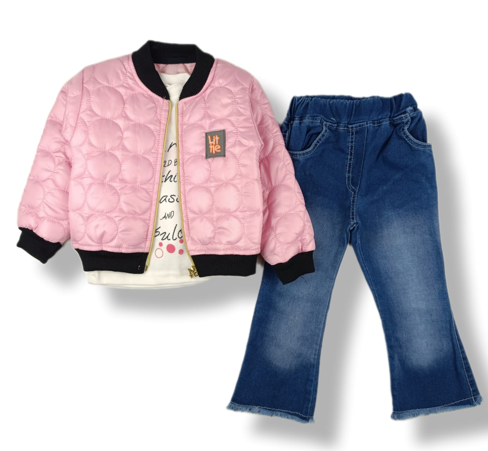 3τμχ τζιν παντελόνι με ροζ καπιτονέ μπουφάν