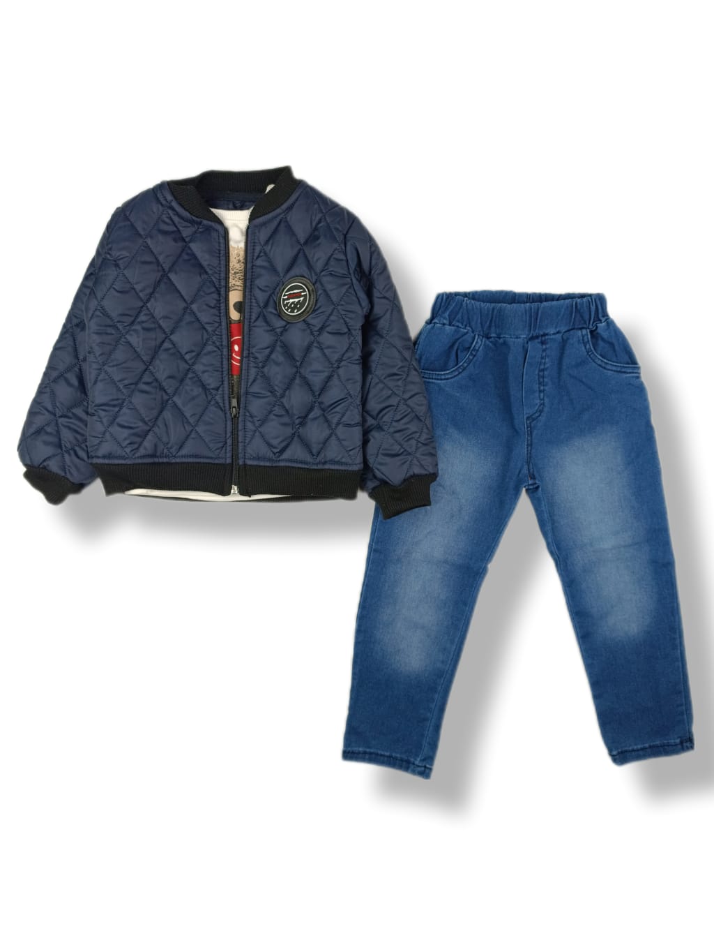 Σετ 3τμχ τζιν παντελόνι με μπλε καπιτονέ μπουφάν (2-4 ετών)