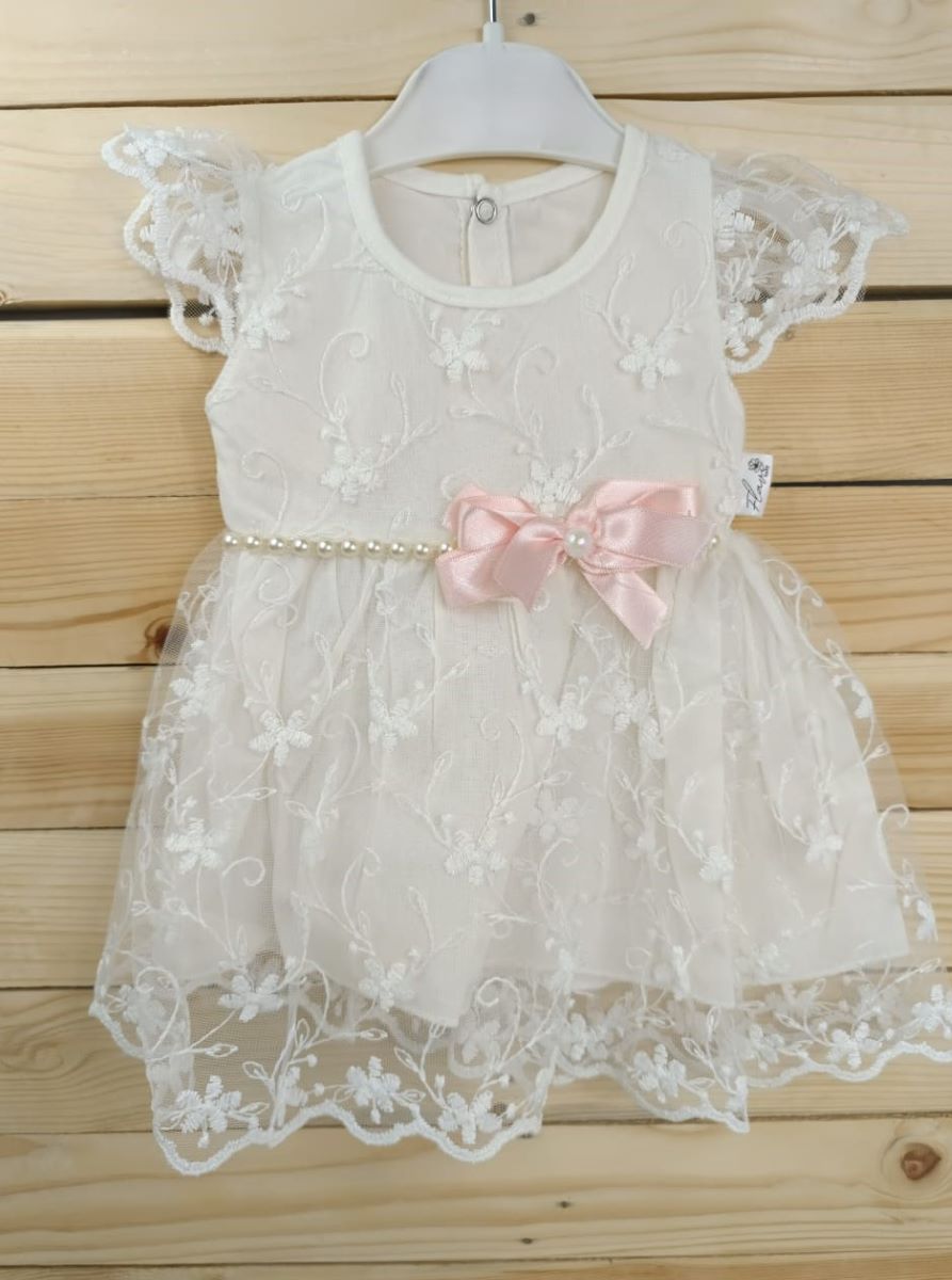 Δαντελένιο φόρεμα με πέρλες ζώνη & φιόγκο (6-18μηνών)