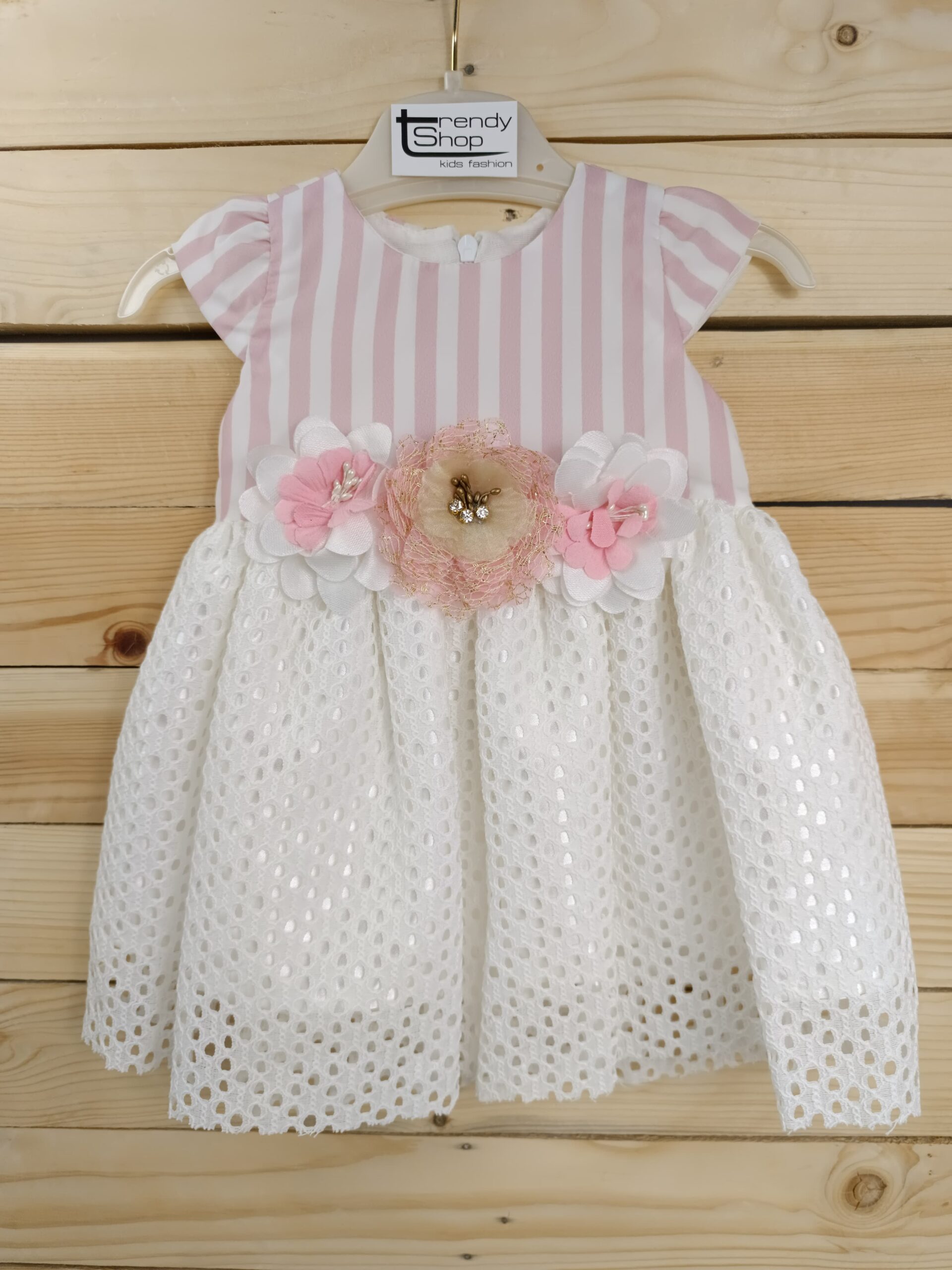 Ριγέ ροζ φόρεμα με δαντέλα (6-18 μηνών)