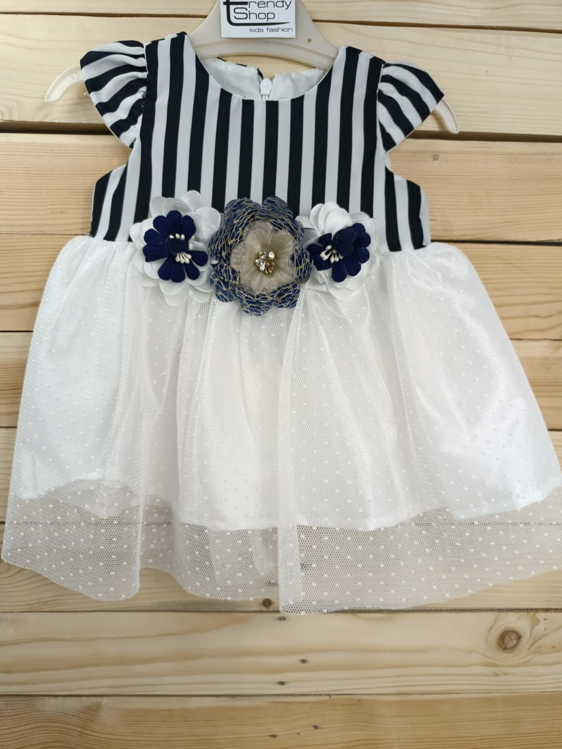 Ριγέ μπλε φόρεμα με δαντέλα (6-18 μηνών)